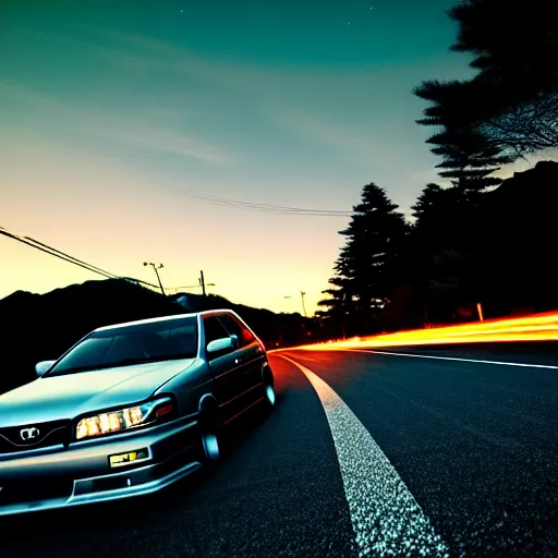 Image similar to a car drift spec toyota chaser in middle of road, gunma prefecture, city sunset night, cinematic color, photorealistic, highly detailed