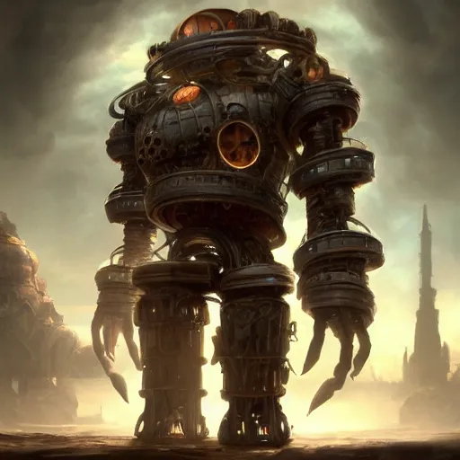Prompt: a Steam powered mechanical golem, forward facing angle, studio background, concept art, character design, stunning 3d render , art by Tooth Wu and riot studios, 8k octane beautifully detailed render, post-processing, extremely hyperdetailed, intricate complexity, epic composition, grim yet sparkling atmosphere, masterpiece, trending on artstation