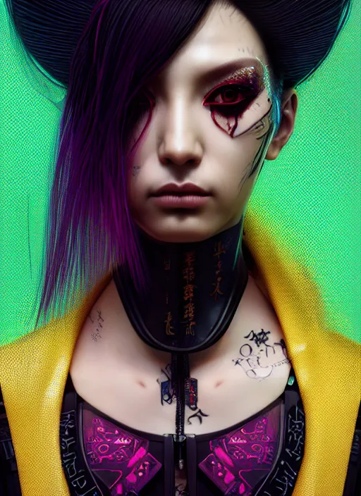 Image similar to portrait of a seductive cyberpunk geisha yakuza raver gutter punk cyborg bioweapon, golden ratio, details, sci - fi, dark fantasy, cyberpunk, intricate, decadent, ornate, highly detailed, digital painting, octane render, 8 k, artstation, concept art, smooth, sharp focus, illustration, art by artgerm, loish, wlop