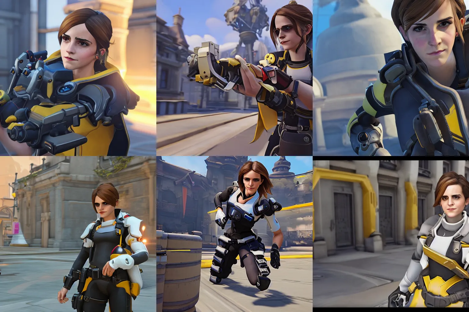 Prompt: Screenshot of Emma Watson in Overwatch, pushing the payload