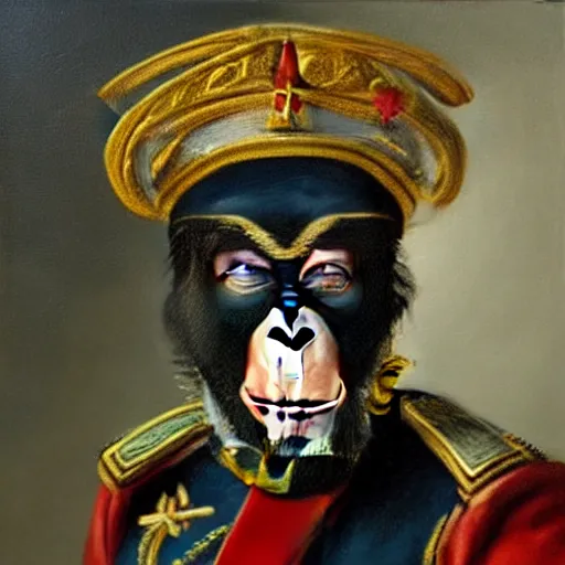 Image similar to An exquisite modern painting of a chimpanzee dressed like a bearded Napoleon with correct military uniform, no frames