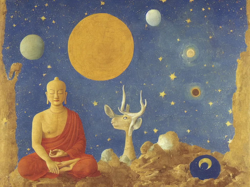 Image similar to Portrait of a Buddhist deity with comet, night sky, deer. Lapis Lazuli, malachite, cinnabar, gold. Painting by Piero della Francesca, Balthus, Agnes Pelton