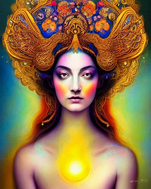 Image similar to portrait of the beautiful young goddess of birds, unusual beauty, etheric, outworldly colours, emotionally evoking symbolic metaphors, head in focus, fantasy, ornamental, intricate, elegant, highly detailed painting style photo, artstation, concept art, painterly, golden ratio, sharp focus, illustration, art by afarin sajedi,