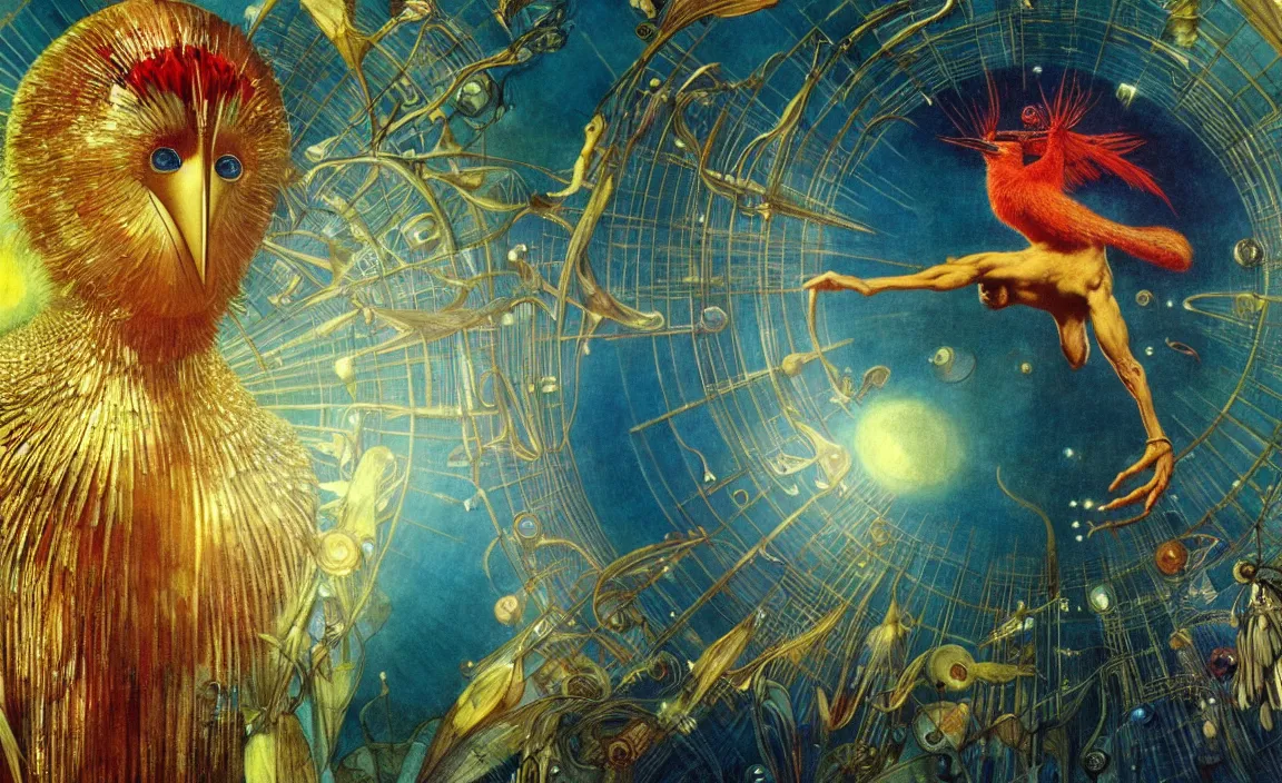 Image similar to realistic detailed portrait movie shot of a birdman wearing reflective transparent robes, sci fi city landscape background by denis villeneuve, amano, yves tanguy, alphonse mucha, ernst haeckel, max ernst, roger dean, masterpiece, rich moody colours, blue eyes