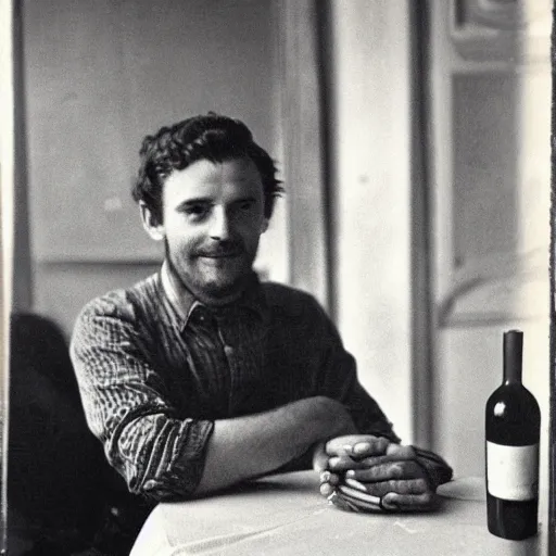 Prompt: photograph of a frenchman seated at a table with a bottle of wine in 1 9 5 0. colorful, award winning photography, 5 0 mm, extremely detailed face