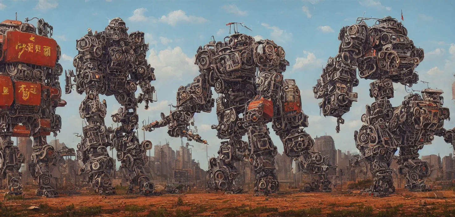 Image similar to an intricate oil painting of a giant chinese armored gorilla shaped scrap metal mecha by simon stalenhag, soviet decals