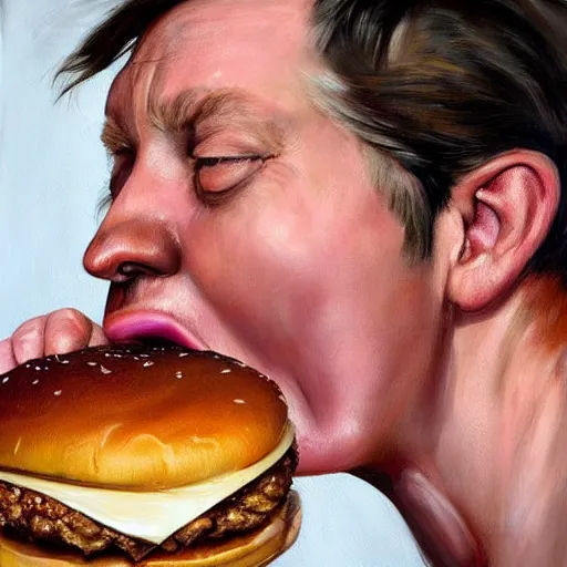 Prompt: realistic painting by jenny saville of!! donald trump!! licking a! cheeseburger!, art by jenny saville and tom bagshaw, detailed, sharp, smooth,! hamburger!