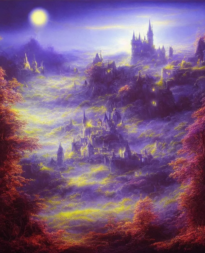 Image similar to beautiful matte airbrush painting of a of a fantasy landscape with a european medieval castle made of light in the distance enveloped in trails of colorful animal ghosts floating around it, clear painting and good lighting, dark blue and intense purple color palette, mystical fog, art by gilbert williams, yoshitaka amano, high quality