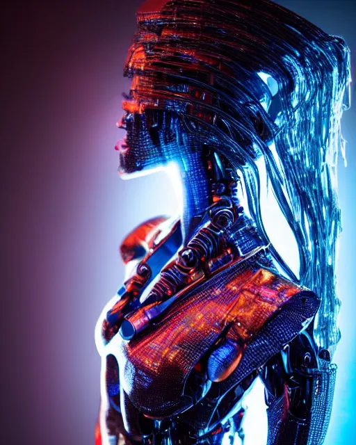 Image similar to portrait photo of female dancer as a cyberpunk mecha humanoid robotic head shoulder parts with straight bright led lights, under a waterfall, ultra - realistic and detailed, 8 k