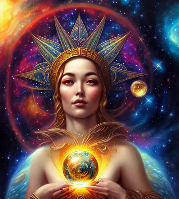 Prompt: god of the cosmos, astral background, tarot card, ornate, digital art by artgerm and karol bak