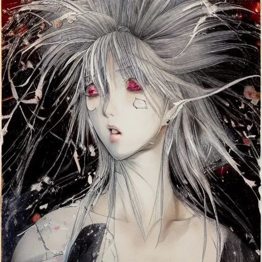 Image similar to Yoshitaka Amano realistic illustration of an anime girl with white hair and cracks on her face wearing dress suit with tie fluttering in the wind, abstract black and white patterns on the background, noisy film grain effect, highly detailed, Renaissance oil painting, weird portrait angle