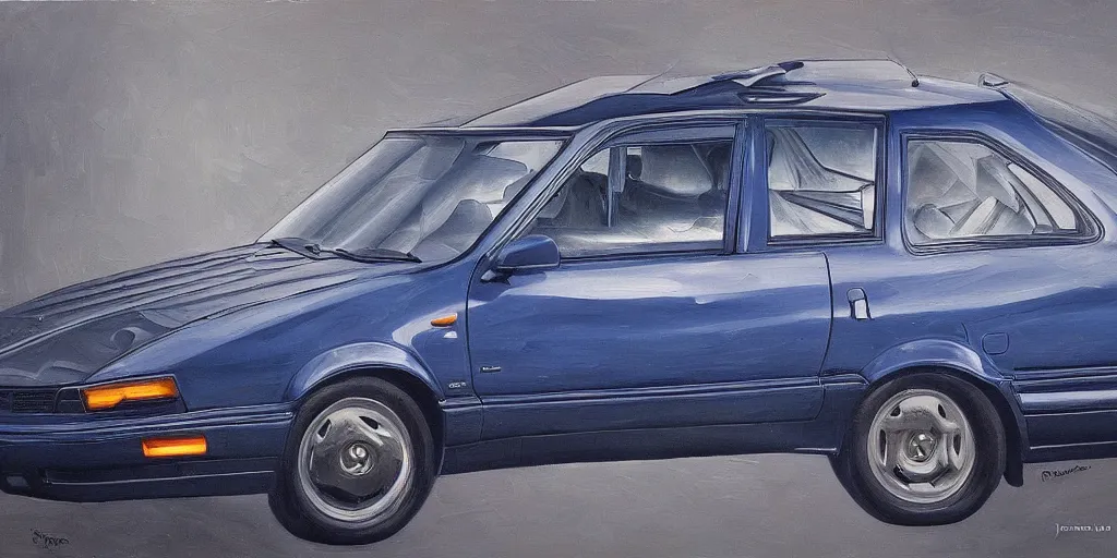 Image similar to Highly detailed oil painting of a dark blue 1991 opel astra, strong atmosphere, oil painting masterpiece by Josep Tapiró Baró, symmetry, fractals