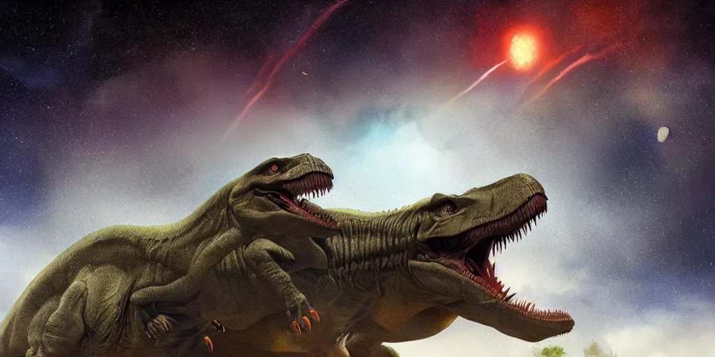 A vicious T-rex dinosaurs observing a falling asteroid. Poster