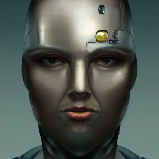 Prompt: Professional digital painting of portrait of android with metal face looking hopefully trending on Artstation by Maciej Kurciara, sci-fi, futuristic