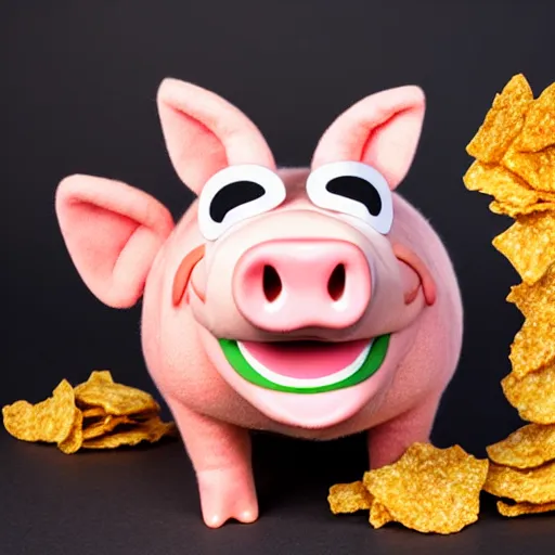 Image similar to studio photograph of a smiling pig depicted as a muppet wearing a gold crown eating pork rind snacks