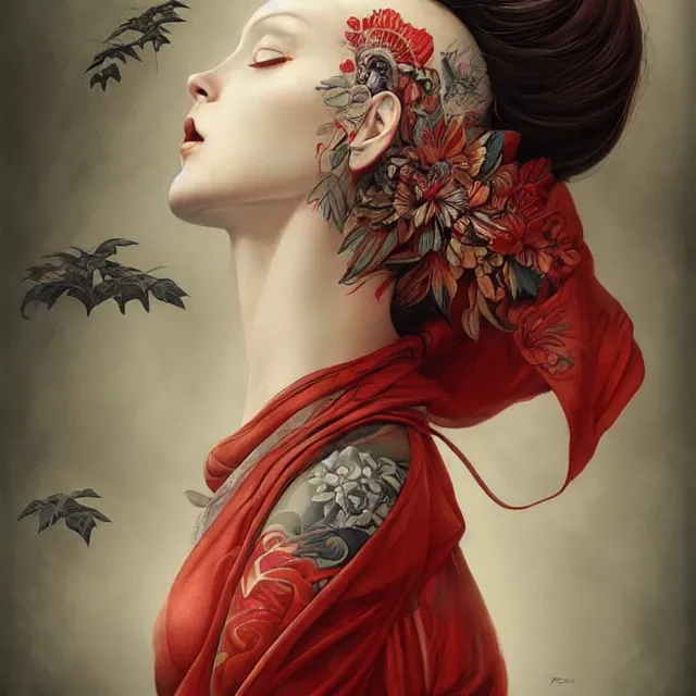 Image similar to ultra realistic illustration, beautifulwoman dressed in red kimono, backview, tattoos, in the style of peter mohrbacher by weta digital and beth cavener, high face symmetry, intricate, masterpiece, award winning, high face symmetry, intricate