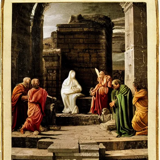 Prompt: the birth of jesus christ depicted inside the roman forum, julius caesar in the centre holding baby jesus