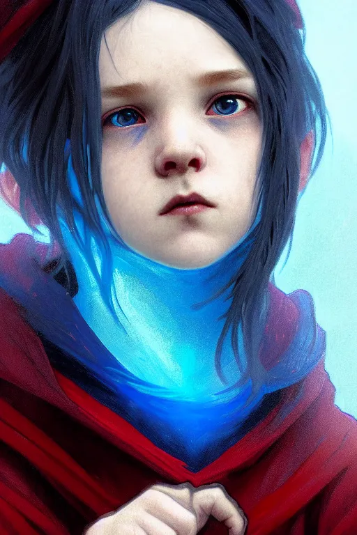 Prompt: portrait of a small boy with black hoodie, blue hair and red horns, luminous scene, by greg rutkowski and alphonse mucha, d & d character, gradient white to cyan, in front of an iridescent background, highly detailed portrait, digital painting, artstation, concept art, smooth, sharp focus ilustration, artstation hq