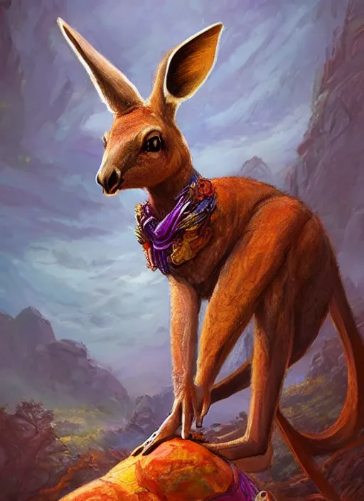 Image similar to kangaroo on a throne, dndbeyond, bright, colourful, realistic, dnd character portrait, full body, pathfinder, pinterest, art by ralph horsley, dnd, rpg, lotr game design fanart by concept art, behance hd, artstation, deviantart, hdr render in unreal engine 5