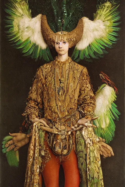 Image similar to portrait of humanoid iridescent green harpy eagle wearing a loose tunic. an anthropomorphic harpy birdr. fantasy, oil painting by jan van eyck, northern renaissance art, oil on canvas, wet - on - wet technique, realistic, expressive emotions, intricate textures, illusionistic detail