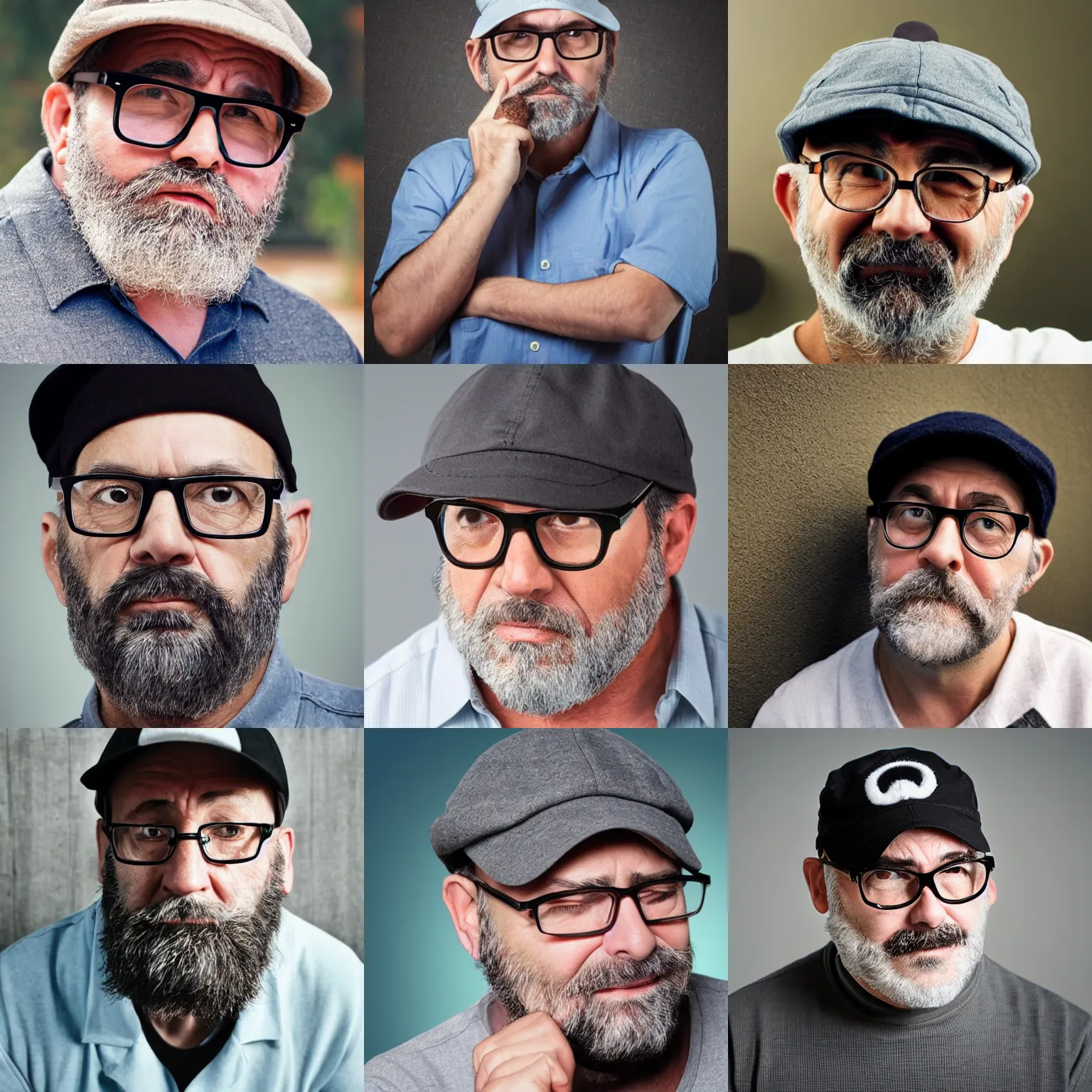 Prompt: middle aged man with hook nose, sad, short black beard, glasses, and cap hat