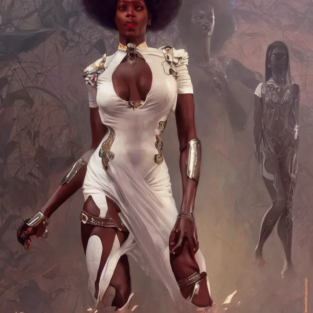 Image similar to african domme mistress, full body, dominatrix, tribal, smooth white tight clothes suit, ornate, very beautiful, concept art, realistic painting, androgynous, afrofuturism, daz 3 d, cinematic, cgsociety, digital art by greg rutkowski, by alphonse mucha