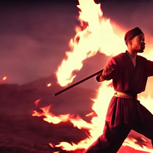 Image similar to cinematic film still of Chance The Rapper starring as a Samurai holding fire, Japanese CGI, VFX, 2022, 40mm lens, shallow depth of field, film photography