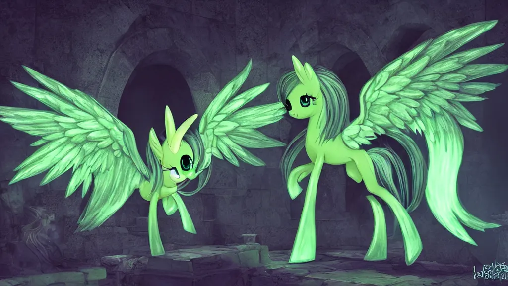 Prompt: 3D Fluttershy from My Little Pony as a necromancer, standing over a tomb stone, bright green swirls coming up it, glowing aura around her, pitch black background, dramatic and colorful lighting, floating green chibi glowing skulls, smoke all around, insane special effects, unrealengine, 4k, HDR, unique camera angle, bones lying on the ground, inside a crypt, skeletons rising from the dead, artwork, gothic style