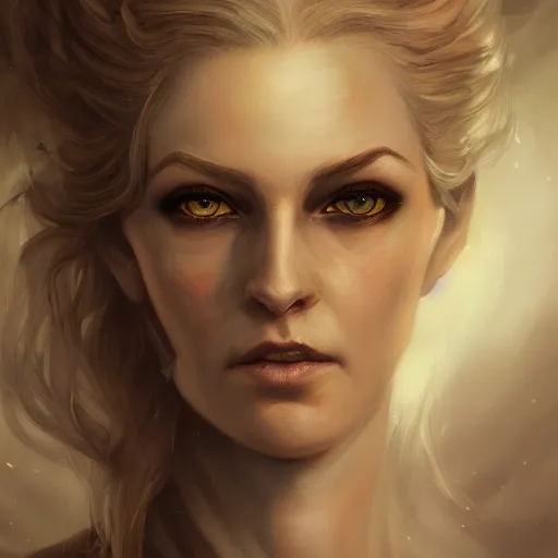 Prompt: a detailed matte head - on portrait painting of an middle - aged half - tiefling noblewoman with golden eyes and short well kept hair, by charlie bowater, lise deharme, wlop, tending on arstation, dungeons and dragon, dnd, pathfinder, fanart, oil on canvas