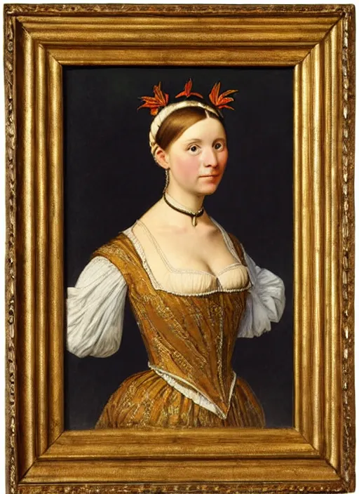 Image similar to portrait of young woman in renaissance dress and renaissance headdress, art by adolf ziegler