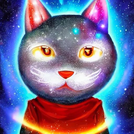 Prompt: A cute anthropomorphic blue cat man with sparkling galaxy fur worshipping a massive sphere that is brightly glowing with heavenly light, beautiful lighting, highly detailed digital art.