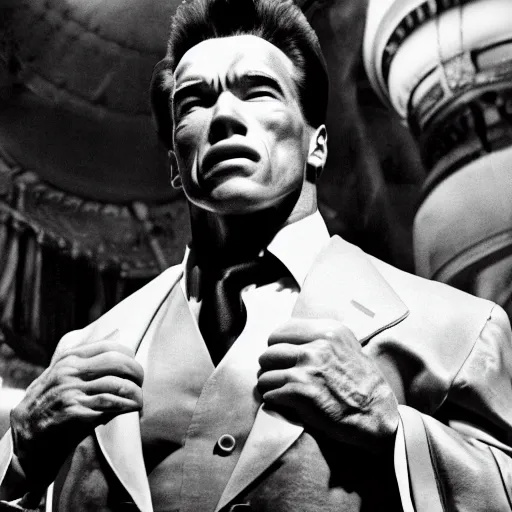 Image similar to Arnold Schwarzenegger as Citizen Kane, film still, cinematic lighting, 35mm, black and white still, Ansel Adams, movie poster, ultra detailed, 4k, UHD