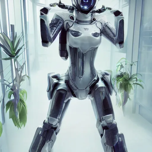 Prompt: 3 d doja cat wearing mecha armor and techwear clothing, in a room filled with beautiful house plants, futuristic, white, clean, bohemian, video game style, square enix style, beautiful colors, i robot colors, octane render, dynamic lighting, highly detailed, character art