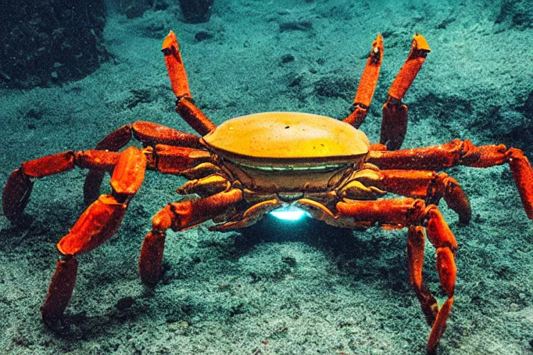 Image similar to robot crab underwater, in 2 0 1 2, bathed in the the glow of a crt television, crabcore, low - light photograph, photography by tyler mitchell