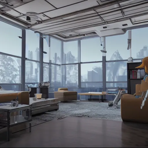 Image similar to Sci fi living room lab, cybernetic wallpaper, unreal engine 5 tech demo, zillow interior, cool tint, metallic reflective, octane render, Frank Lloyd Wright ((Studio Ghibli))