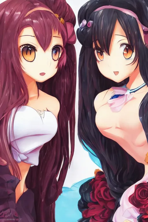 Image similar to two beautiful female idols standing angry face to face, detailed anime art