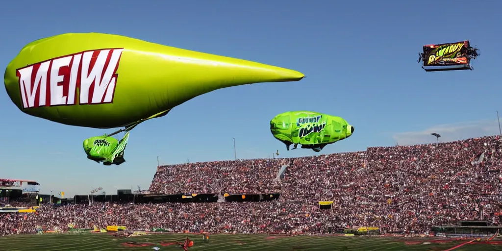 Prompt: mtn dew sponsors the game day blimp