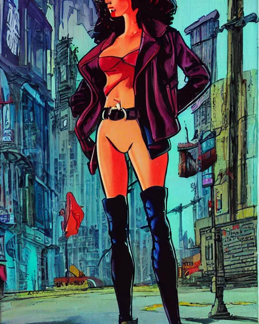 Image similar to young female protagonist in leather jacket, city street, artwork by ralph bakshi