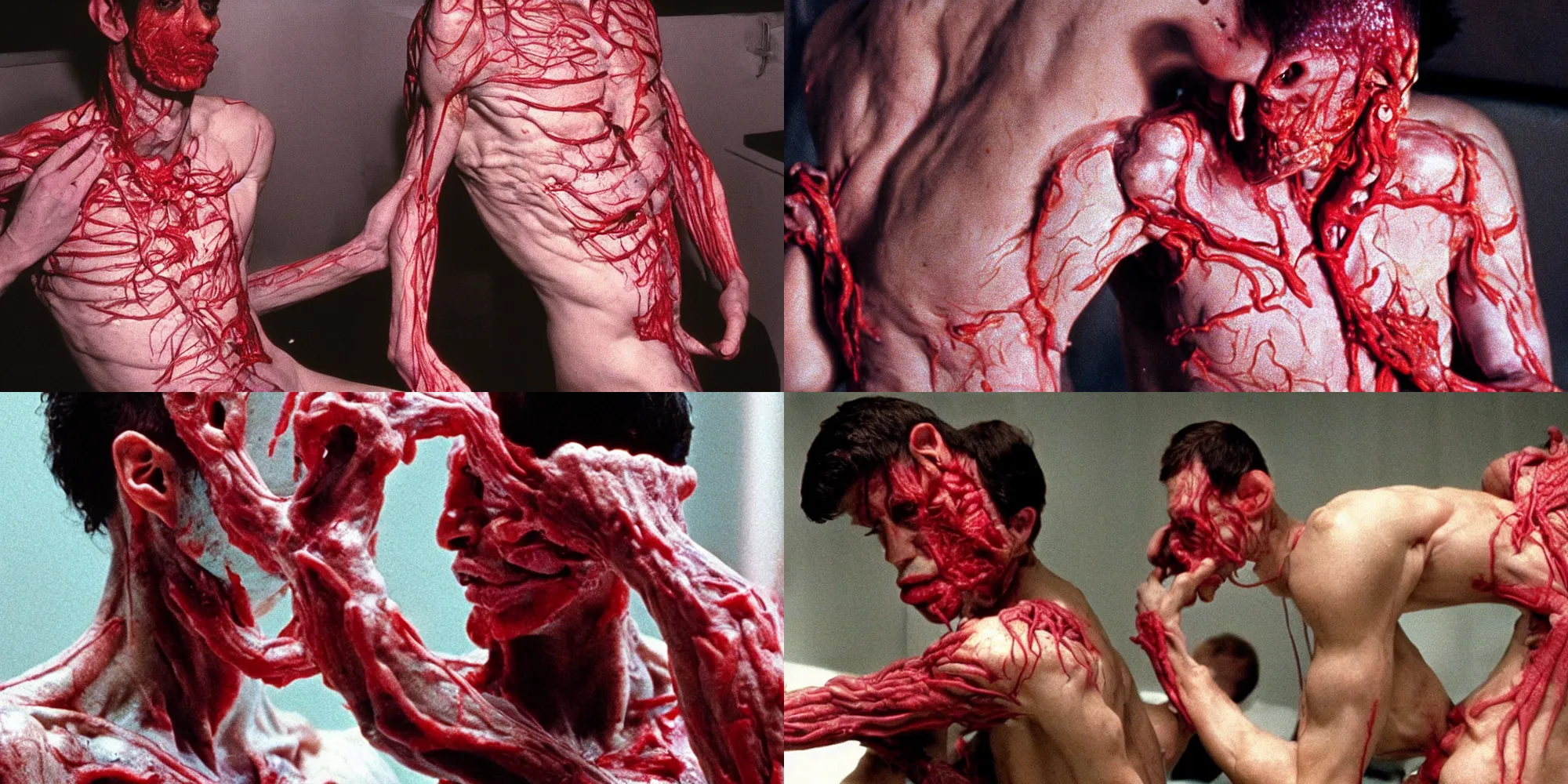Prompt: drake body horror directed by david cronenberg, limb mutations, swollen veins, red flesh strings, cinestill 8 0 0 t, 1 9 8 0 s movie still, film grain