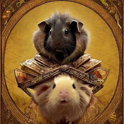 Image similar to A heraldic prince Guinea Pig with big cute eyes, D&D, fantasy, intricate, cinematic lighting, highly detailed, digital painting, artstation, concept art, smooth, sharp focus, illustration, art by Akihiko Yoshida, Greg Rutkowski and Alphonse Mucha