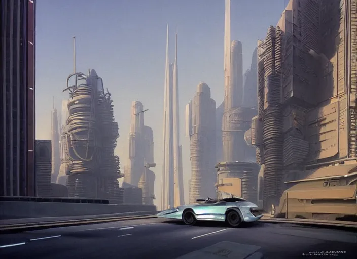 Prompt: a car! driving down a street next to tall buildings, cyberpunk art by Chesley Bonestell, cgsociety, retrofuturism, matte painting, reimagined by industrial light and magic