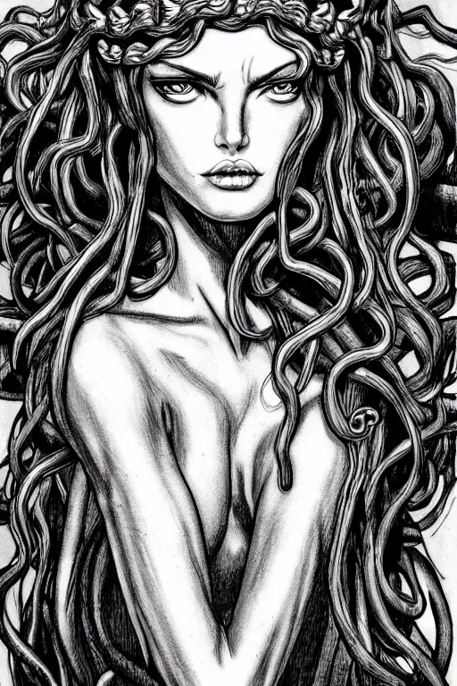 Image similar to beautiful head of medusa from greek mythology in berserk manga, angelina jolie seductive expression, big snakes heads with open mouth, snakes in place of hair, manga drawing, by kentaro miura