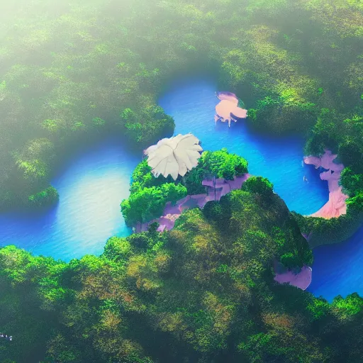 Prompt: a beautiful render of a pink, green, and blue island paradise from above by makoto shinkai, soft details, graphic art