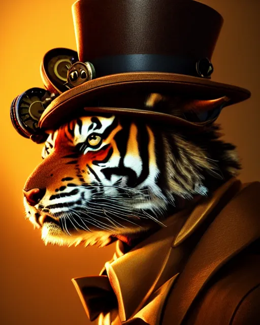 Prompt: steampunk male tiger portrait, handsome, steampunk hat, detective coat, steampunk monocle, complex 3 d render by ilya kuvshinov, peter mohrbacher, greg rutkowski, ryohei hase, dramatic lighting, intricate, highly detailed, sharp focus, luminous, unreal engine, blender, artstation, masterpiece, ray tracing