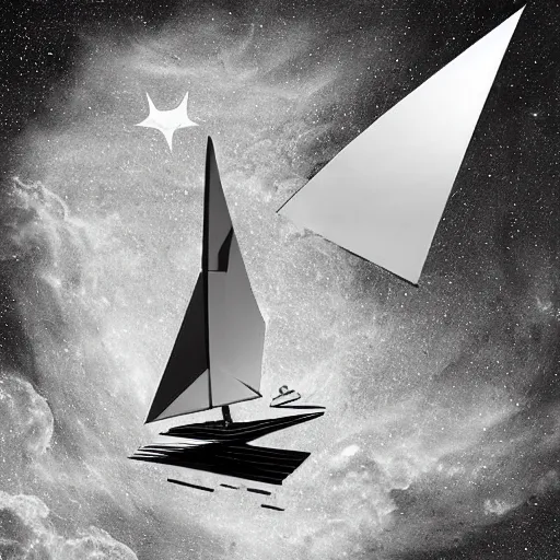 Image similar to into the unknown, whats at the edge of the universe, cardboard box sailboat in space, by lucas parolin, dark and moody, high detail, extremely sharp detail aspect ratio 1 1 by 1 4