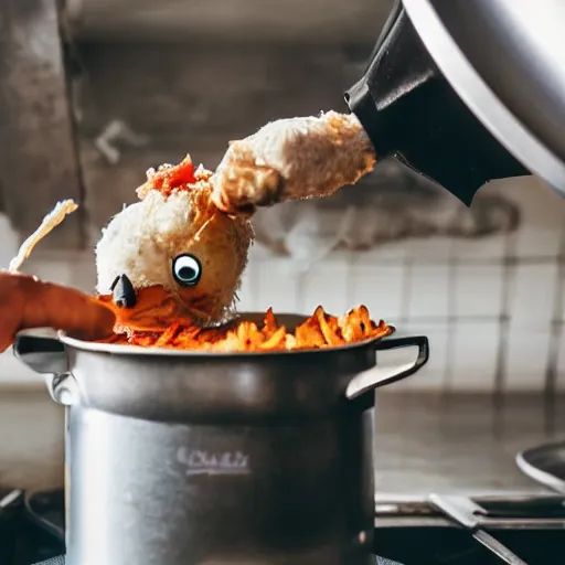 Prompt: A puppet Water White cooking some chicken in a rundown kitchen