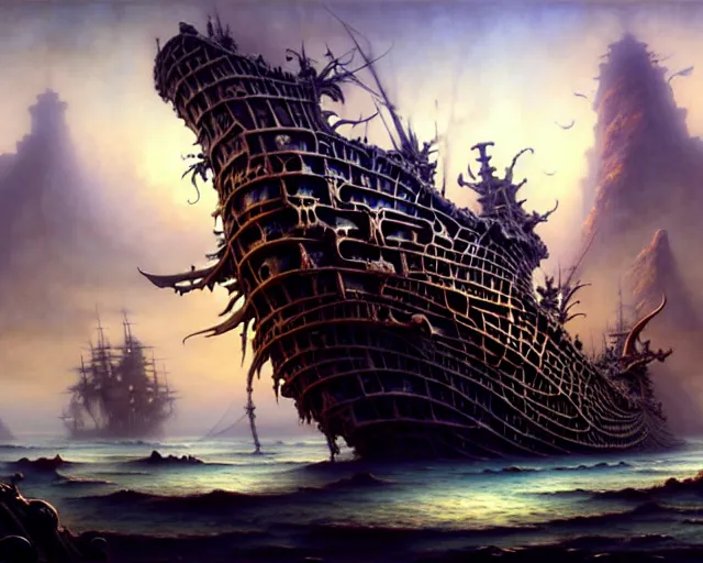 Image similar to street view of a wrecked pirate ship made of bones, fantasy landscape made of fractals facing each other, ultra realistic, wide angle, intricate details, the fifth element artifacts, highly detailed by peter mohrbacher, hajime sorayama, wayne barlowe, boris vallejo, aaron horkey, gaston bussiere, craig mullins