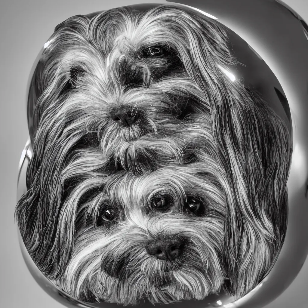 Image similar to full length portrait of a havanese dog reflected in a chrome sphere, ultra wide 1 0 mm, by m c escher pen and paper