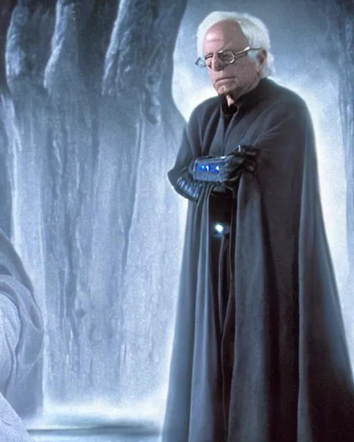 Prompt: bernie sanders as emperor palpatine in star wars return of the jedi (1983) movie still