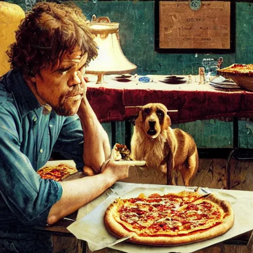 Image similar to peter dinklage eating pizza at a wooden table, artist norman rockwell,